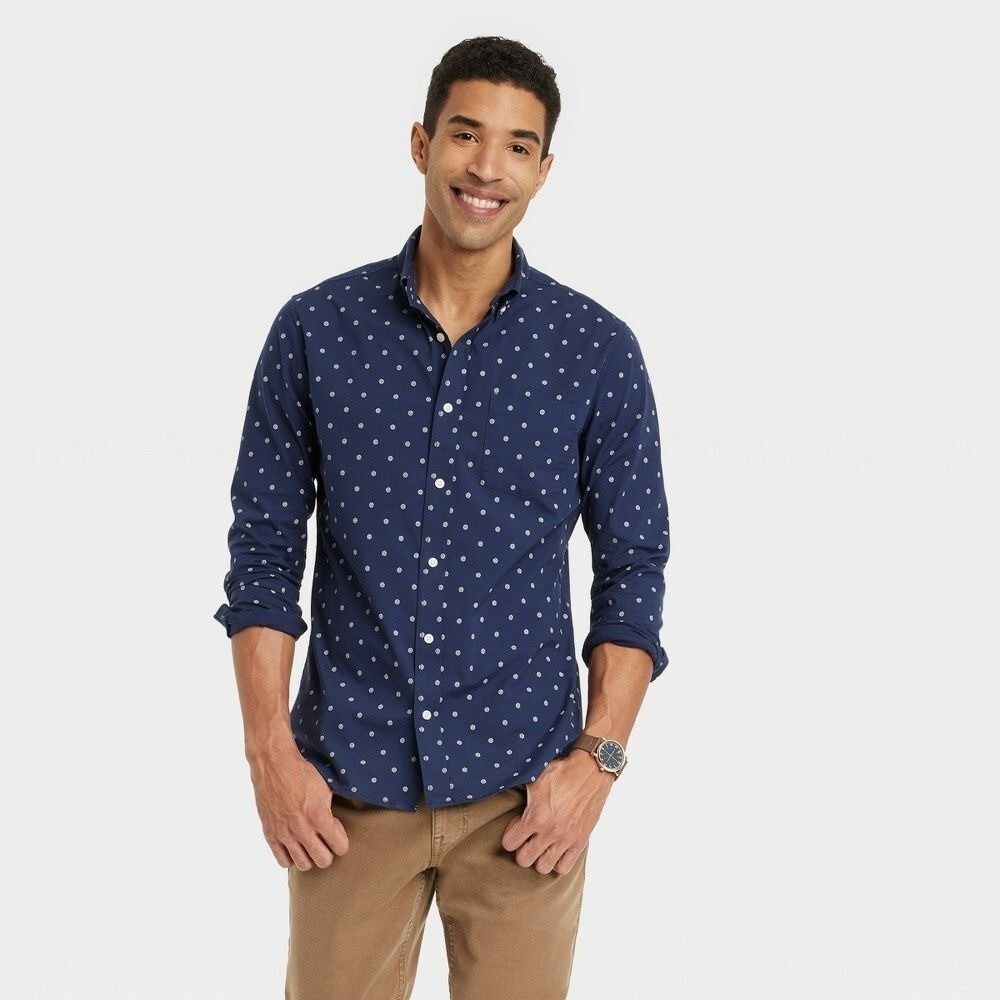 Men's Floral Print Long Sleeve Slim Fit Button-Down Shirt - Goodfellow & Co™ Nav